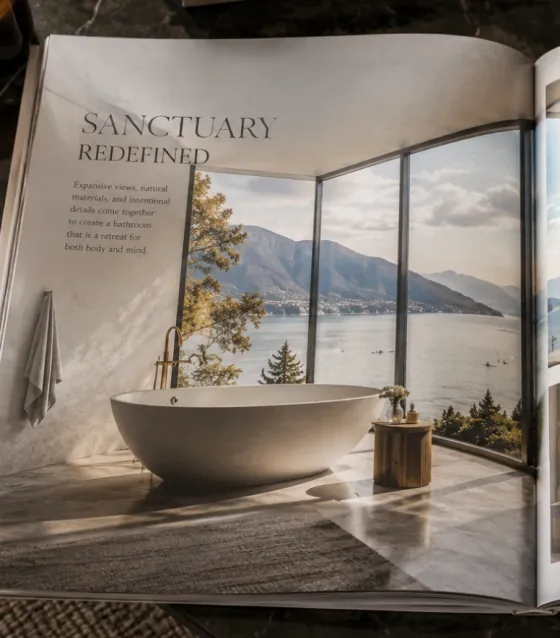 An open interior-design magazine spread saved to the Kapoor Master Bathroom Remodel board as inspiration