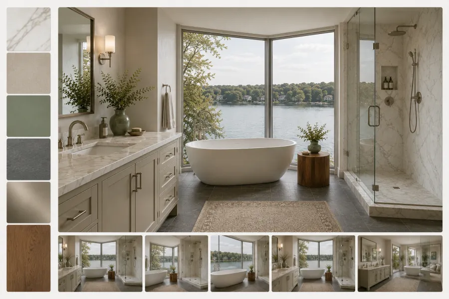 The Kapoor Master Bathroom Remodel board: material swatches, the main concept, and saved variations